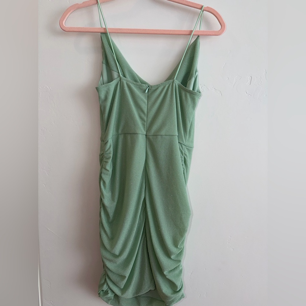 Sage Green Ruched Shimmery Cowl Neck Midi Dress Wedding Guest Bridesmaid M - Picture 3 of 6